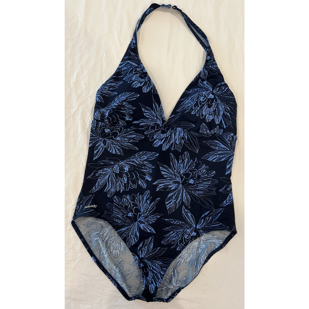 SPEEDO One Piece Swimsuit Size 18 Blue Floral Halter Top Pool Beach Party Summer